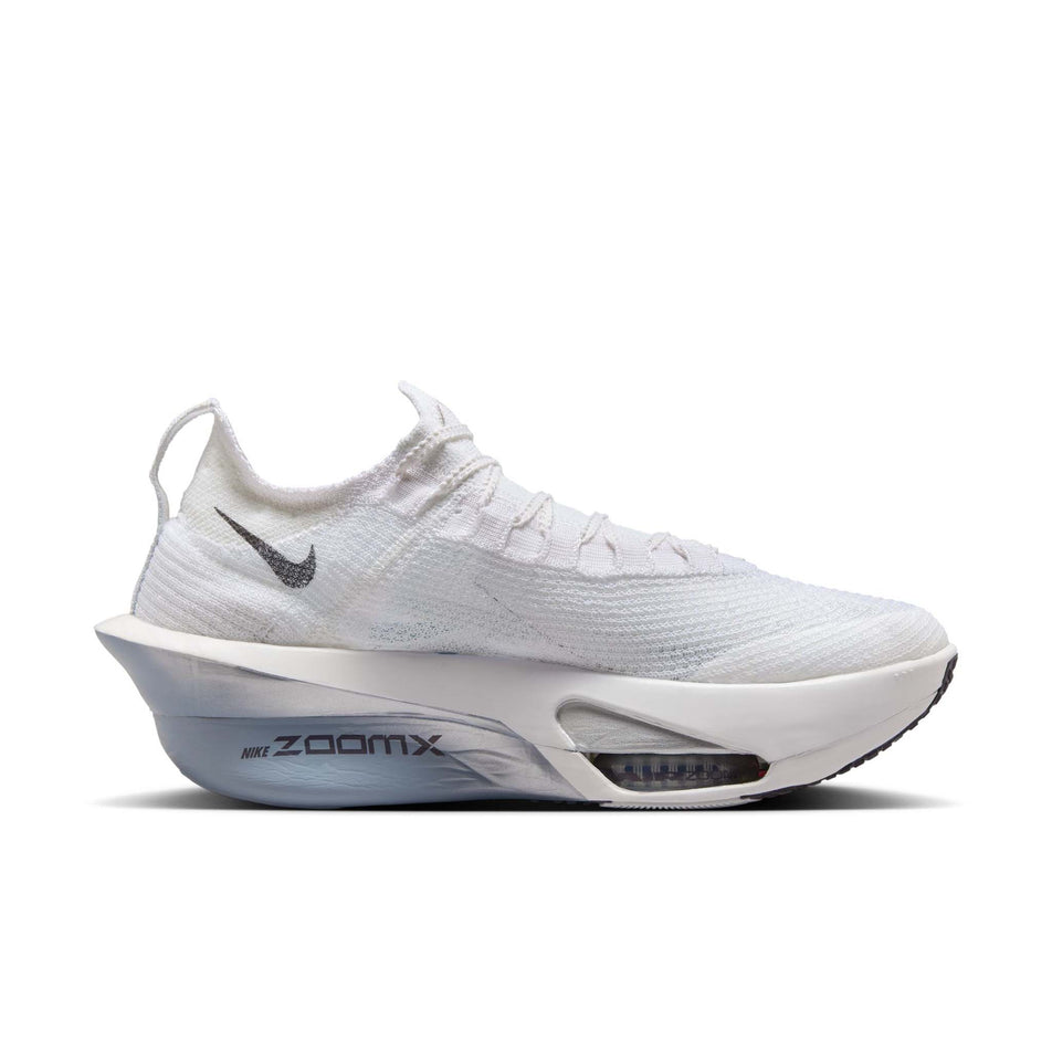 Medial view of the left shoe a pair of Nike Men's Alphafly 3 Road Racing Shoes in the White/Gridiron-Pure Platinum colourway.  (8613778915490)