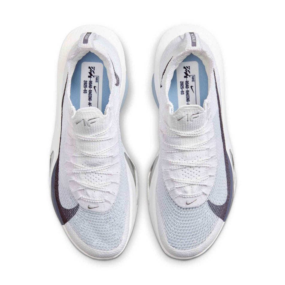 The uppers on a pair of Nike Men's Alphafly 3 Road Racing Shoes in the White/Gridiron-Pure Platinum colourway. (8613778915490)