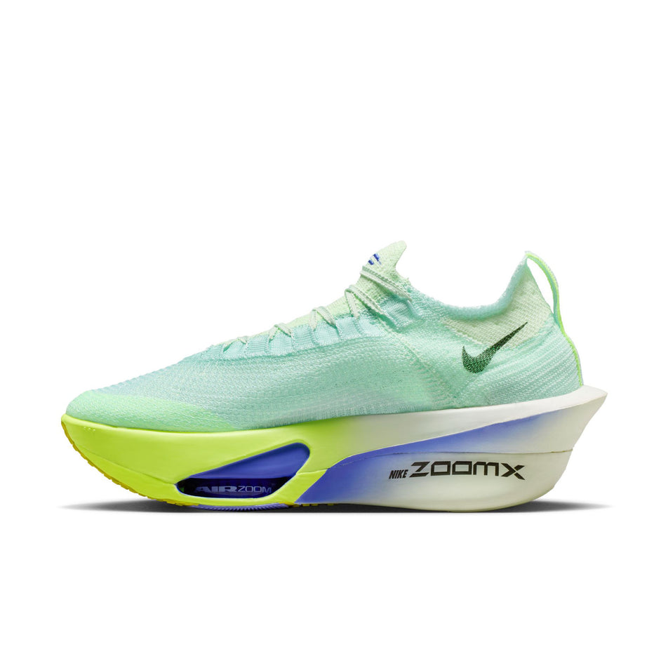 Medial view of the right shoe from a pair of Nike Men's Alphafly 3 Road Racing Shoes in the Barely Green/Black Spruce-Volt Ting colourway.
