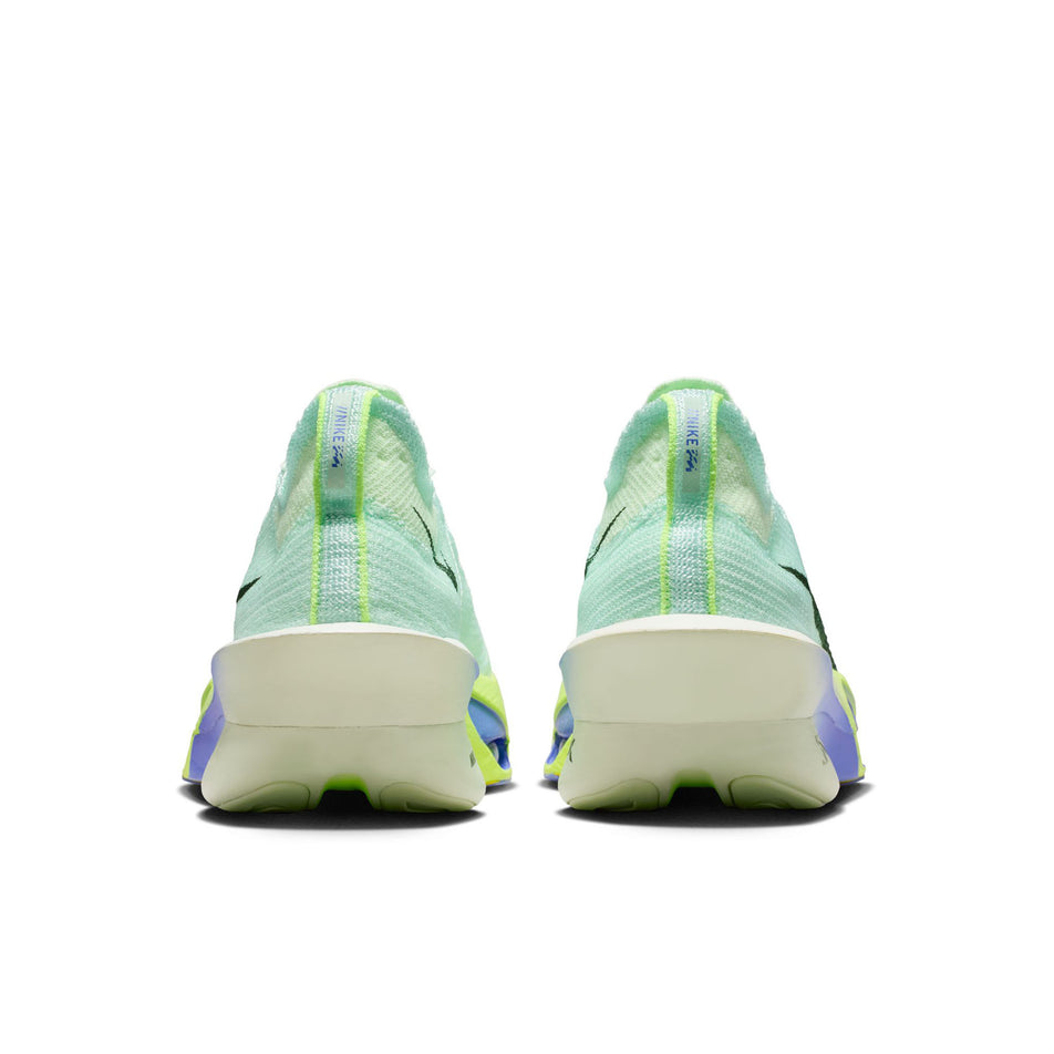 The back of a pair of Nike Men's Alphafly 3 Road Racing Shoes in the Barely Green/Black Spruce-Volt Ting colourway.
