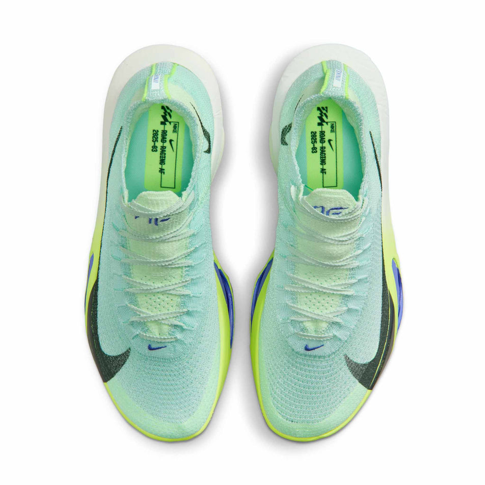 The uppers of a pair of Nike Men's Alphafly 3 Road Racing Shoes in the Barely Green/Black Spruce-Volt Ting colourway.