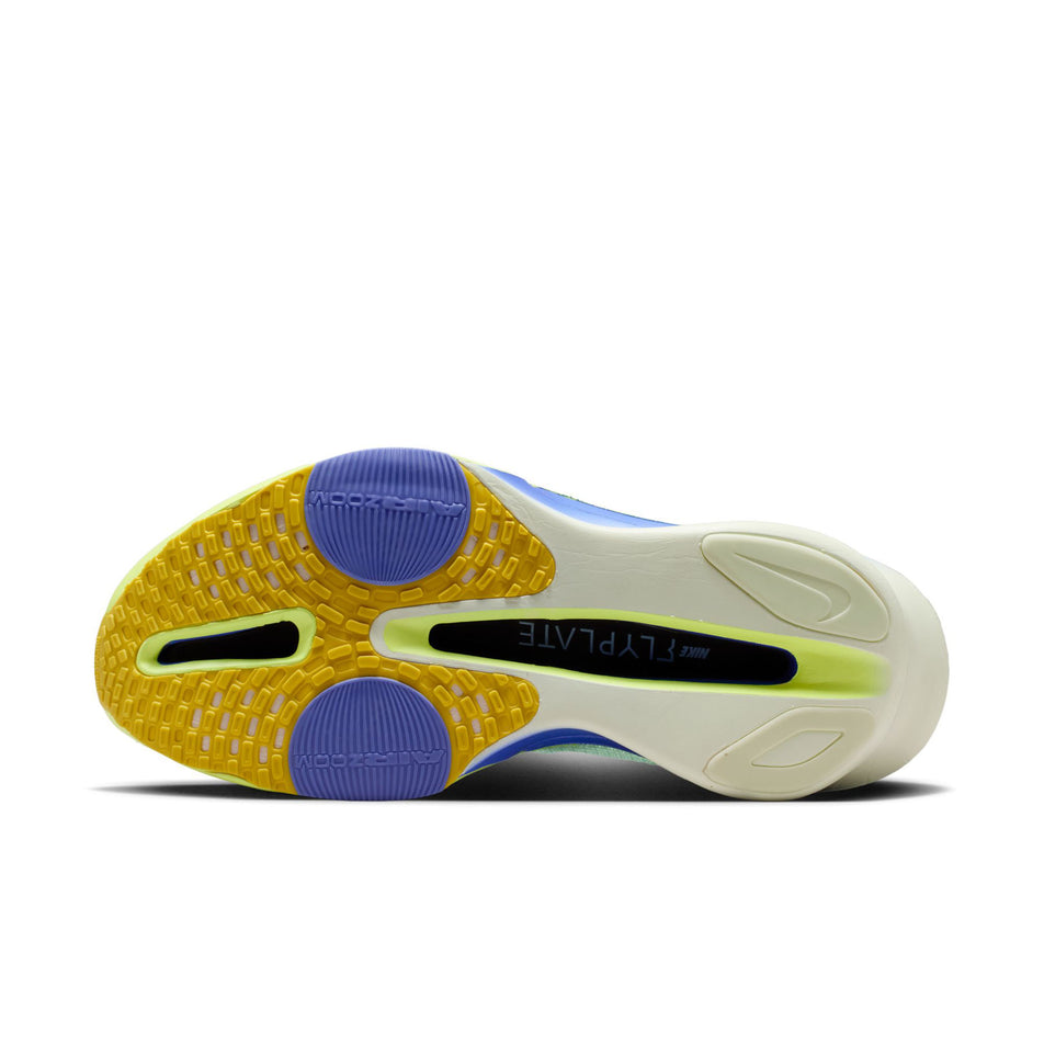 The outsole of the left shoe from a pair of Nike Men's Alphafly 3 Road Racing Shoes in the Barely Green/Black Spruce-Volt Ting colourway.