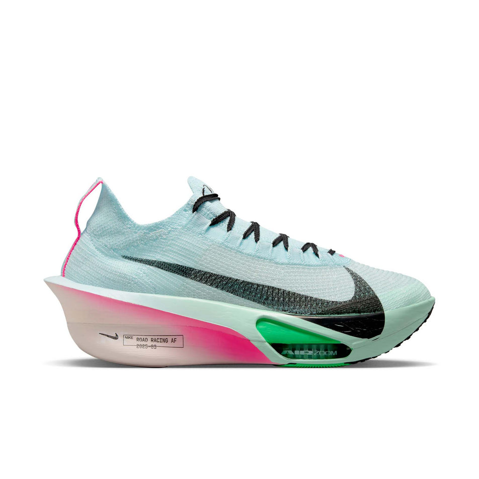 Lateral view of the right shoe from a pair of Nike Men's Alphafly 3 Road Racing Shoes in the Glacier Blue/Black-Mint Foam-Green Shock colourway. (8655923675298)