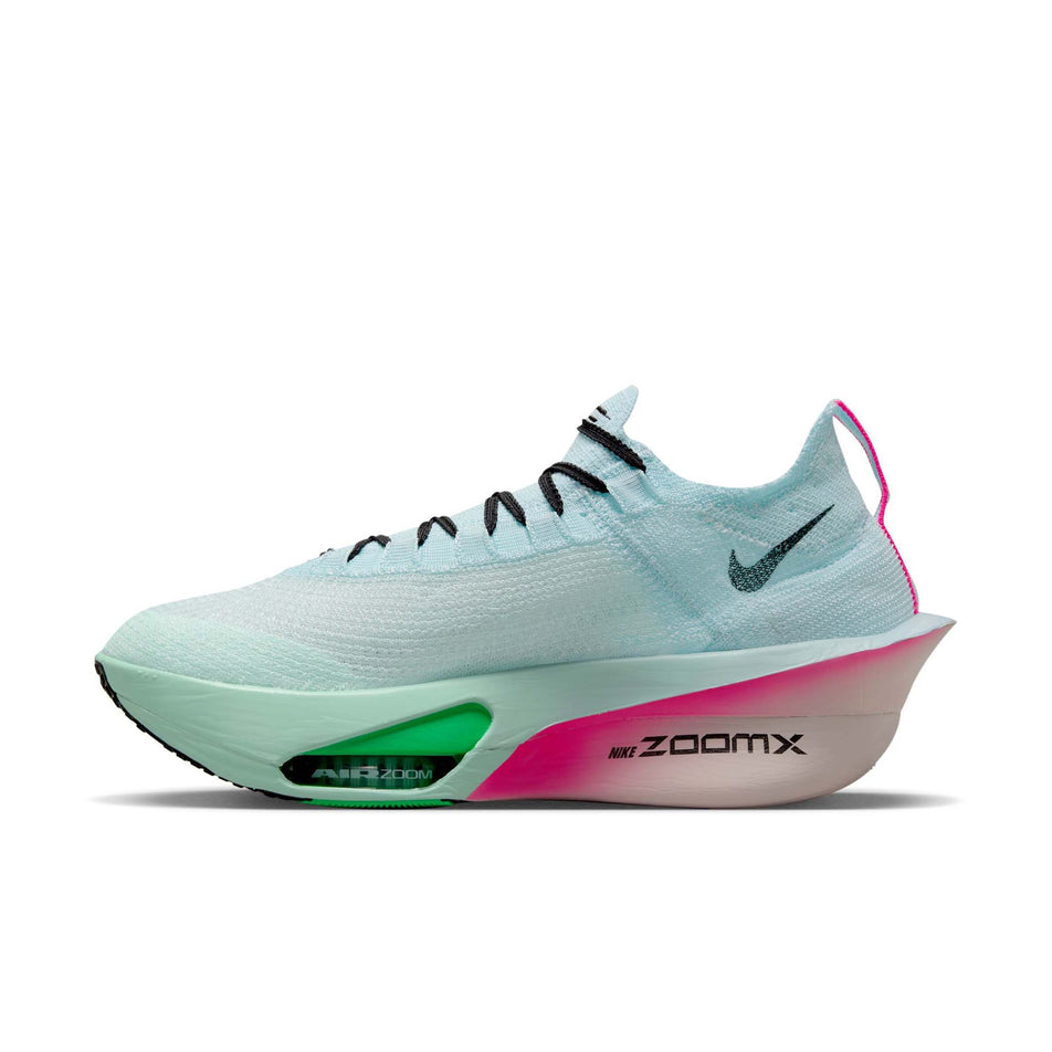 Medial view of the right shoe from a pair of Nike Men's Alphafly 3 Road Racing Shoes in the Glacier Blue/Black-Mint Foam-Green Shock colourway. (8655923675298)