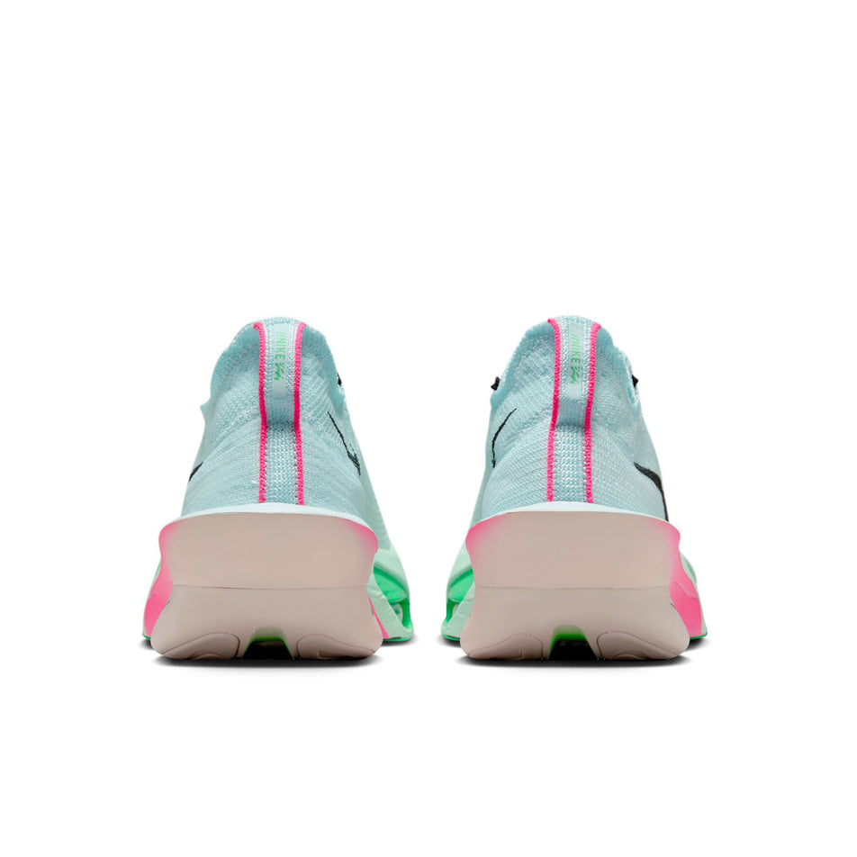 The back of a pair of Nike Men's Alphafly 3 Road Racing Shoes in the Glacier Blue/Black-Mint Foam-Green Shock colourway. (8655923675298)
