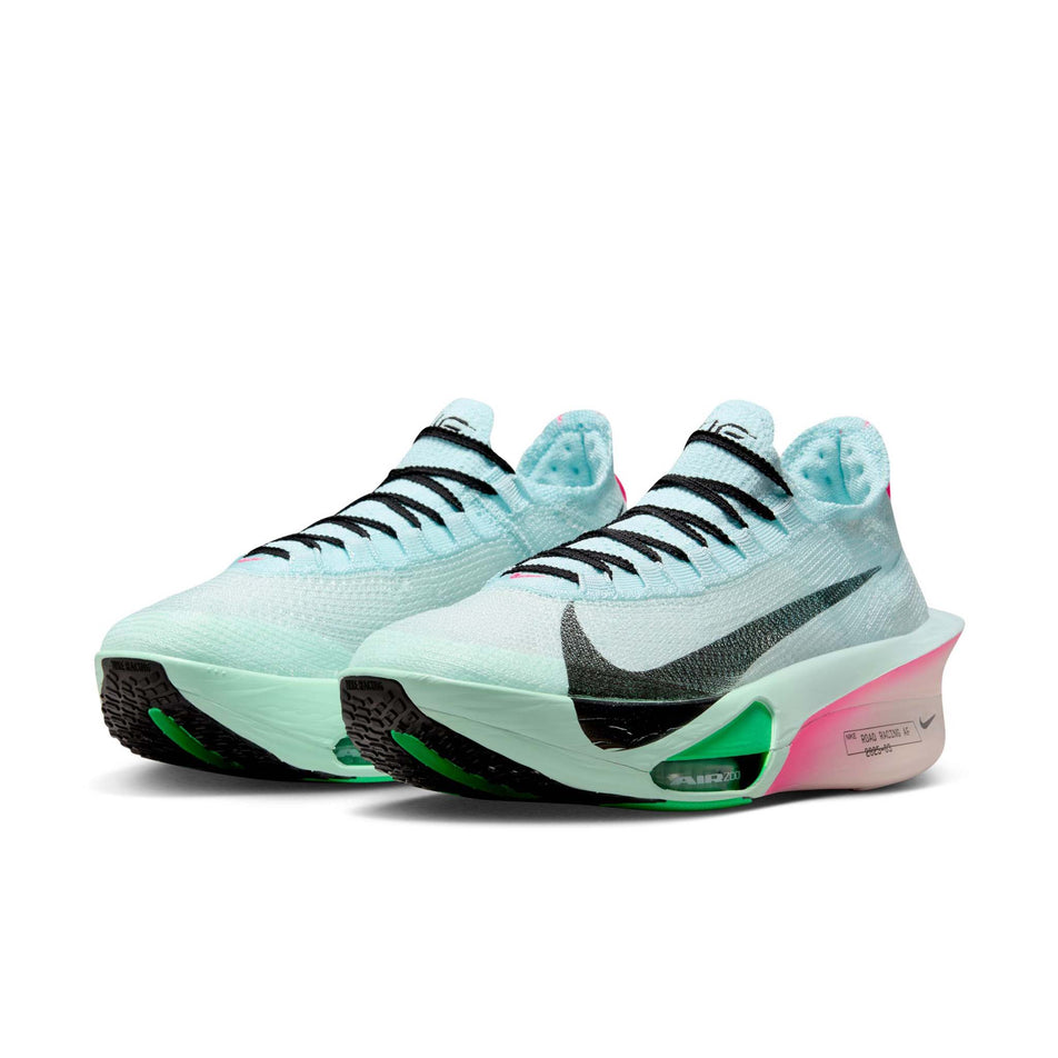 A pair of Nike Men's Alphafly 3 Road Racing Shoes in the Glacier Blue/Black-Mint Foam-Green Shock colourway. (8655923675298)