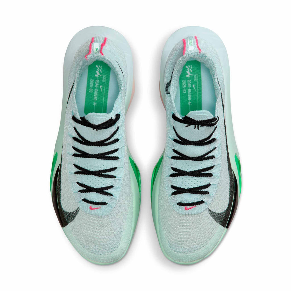 The uppers of a pair of Nike Men's Alphafly 3 Road Racing Shoes in the Glacier Blue/Black-Mint Foam-Green Shock colourway. (8655923675298)