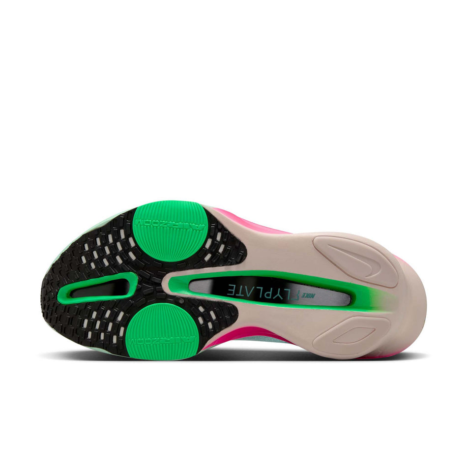 The outsole of the left shoe from a pair of Nike Men's Alphafly 3 Road Racing Shoes in the Glacier Blue/Black-Mint Foam-Green Shock colourway. (8655923675298)