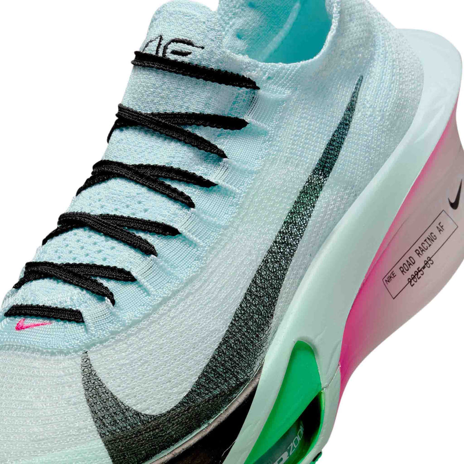Close up of the upper from a pair of Nike Men's Alphafly 3 Road Racing Shoes in the Glacier Blue/Black-Mint Foam-Green Shock colourway. (8655923675298)