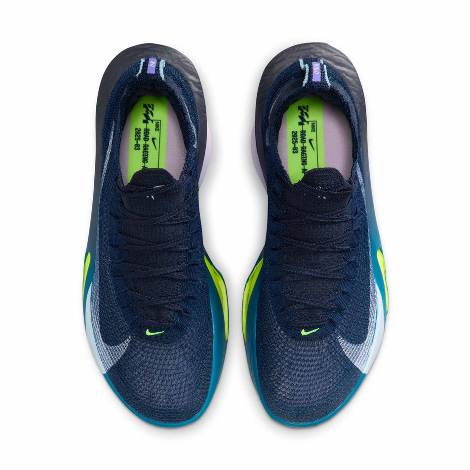 The uppers of a pair of Nike Men's Alphafly 3 Road Racing Shoes in the Obsidian/White-Doll-Persian Violet colourway. (8753387798690)