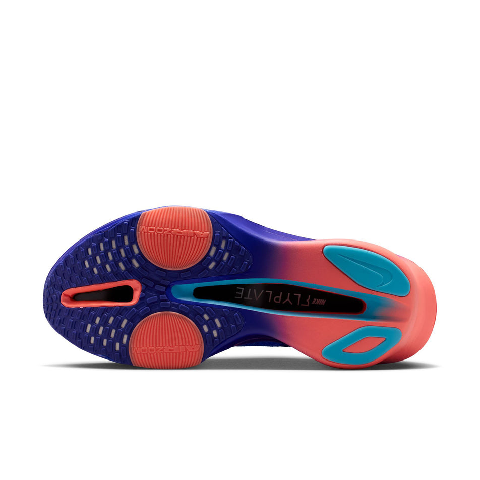 The outsole of the left shoe from a pair of Nike Men's Alphafly 3 Road Racing Shoes in the Racer Blue/White-Atomic Blue colourway.
