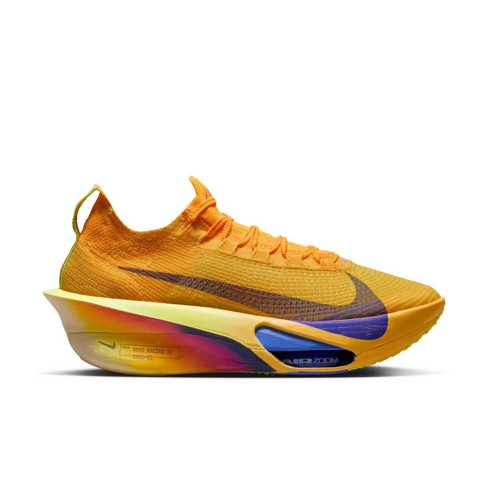 Lateral view of the right shoe from a pair of Nike Men's Alphafly 3 Running Shoes in the Laser Orange/Indigo Burst-Citron Pulse colourway.