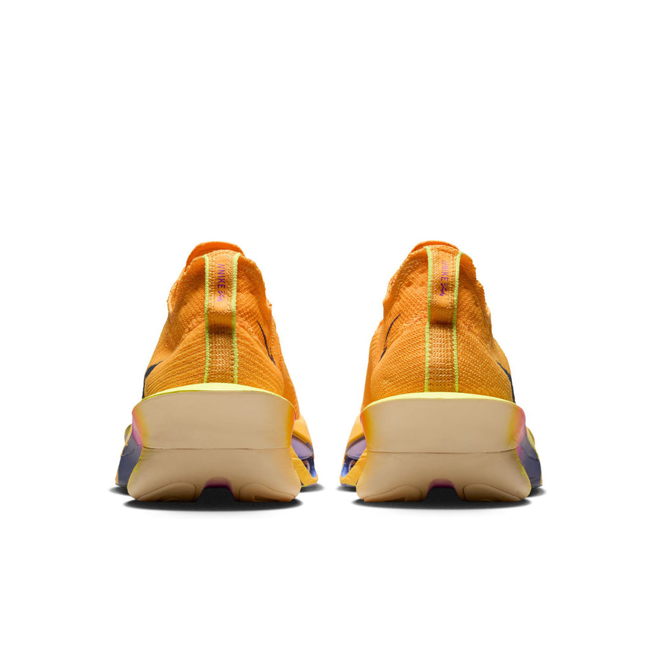 The back of a pair of Nike Men's Alphafly 3 Running Shoes in the Laser Orange/Indigo Burst-Citron Pulse colourway.