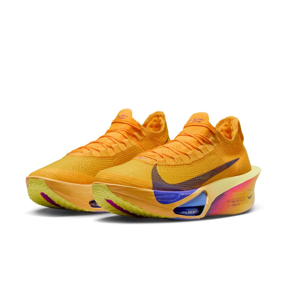 A pair of Nike Men's Alphafly 3 Running Shoes in the Laser Orange/Indigo Burst-Citron Pulse colourway.