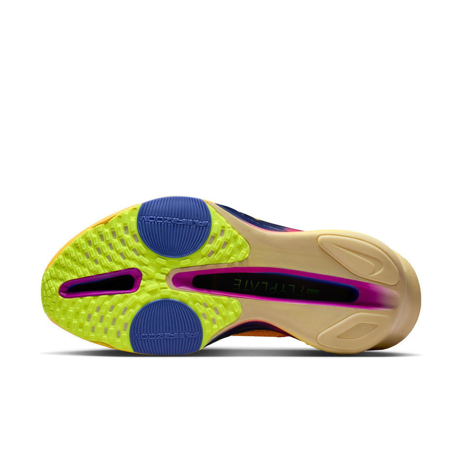 The outsole of the left shoe from a pair of Nike Men's Alphafly 3 Running Shoes in the Laser Orange/Indigo Burst-Citron Pulse colourway.