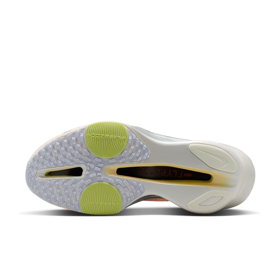 The outsole of the left shoe from a pair of Nike Women's Alphafly 3 Road Racing Shoes in the Chalk/Purple Dynasty-Hyper Crimson colourway.