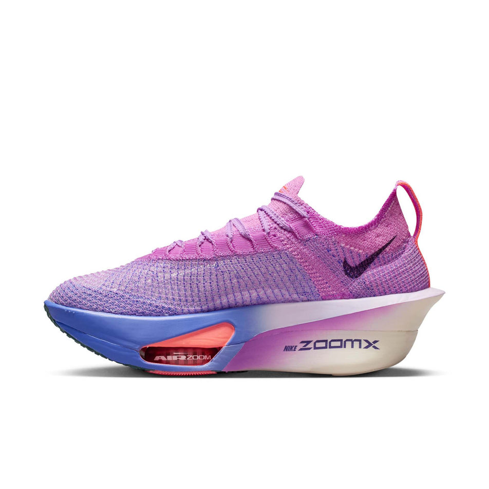 Medial view of the right shoe from a pair of Nike Women's Alphafly 3 Road Racing Shoes in the Fuchsia Glow/Purple Dynasty colourway.