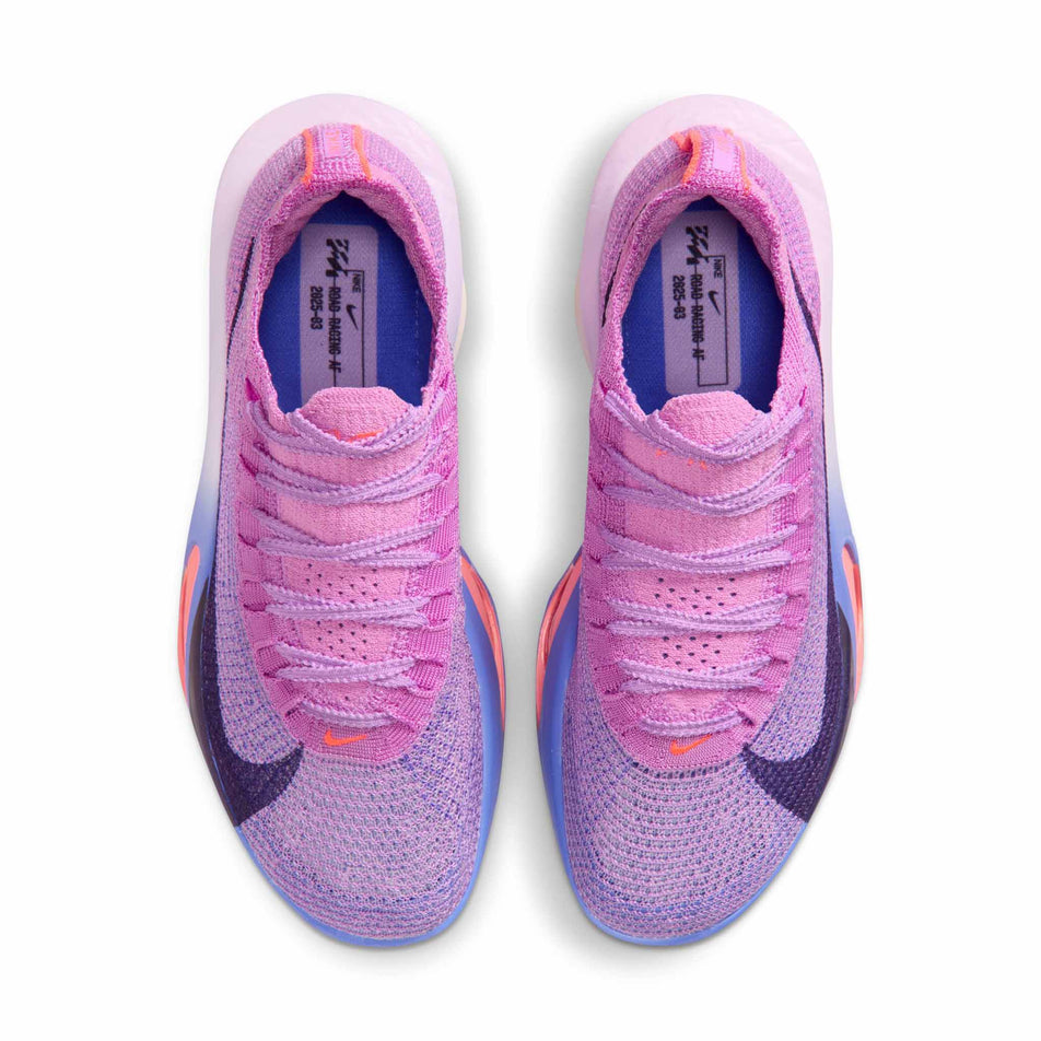 The uppers of a pair of Nike Women's Alphafly 3 Road Racing Shoes in the Fuchsia Glow/Purple Dynasty colourway.
