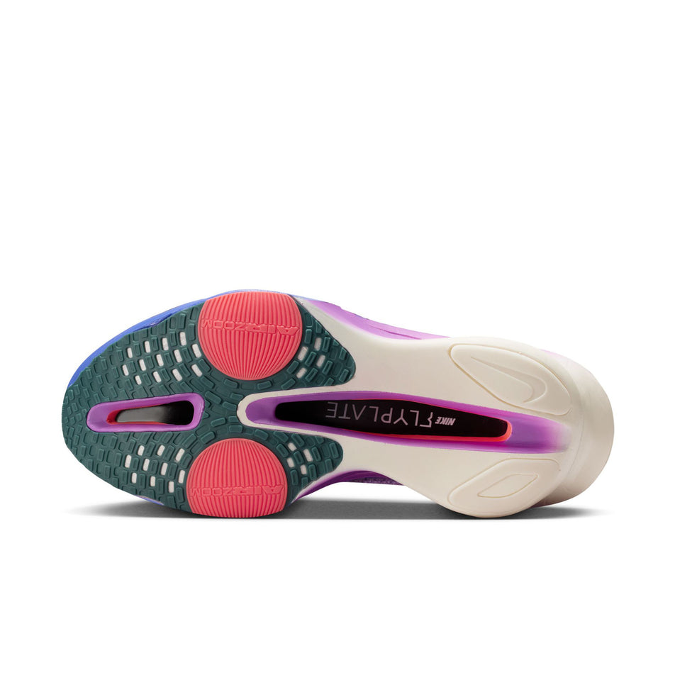 The outsole of the left shoe from a pair of Nike Women's Alphafly 3 Road Racing Shoes in the Fuchsia Glow/Purple Dynasty colourway.