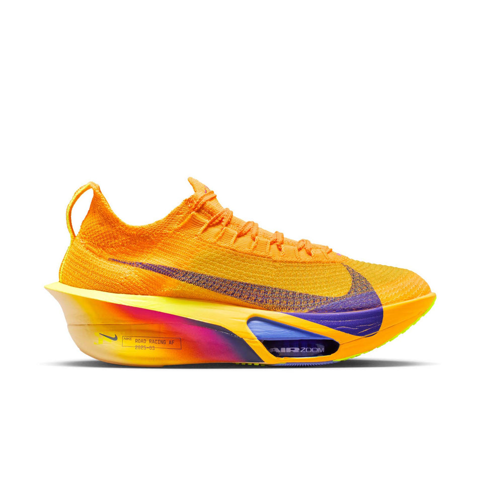 Lateral view of the right shoe from a pair of Nike Women's Alphafly 3 Road Racing Shoes in the Laser Orange/Indigo Burst-Citron Pulse colourway.