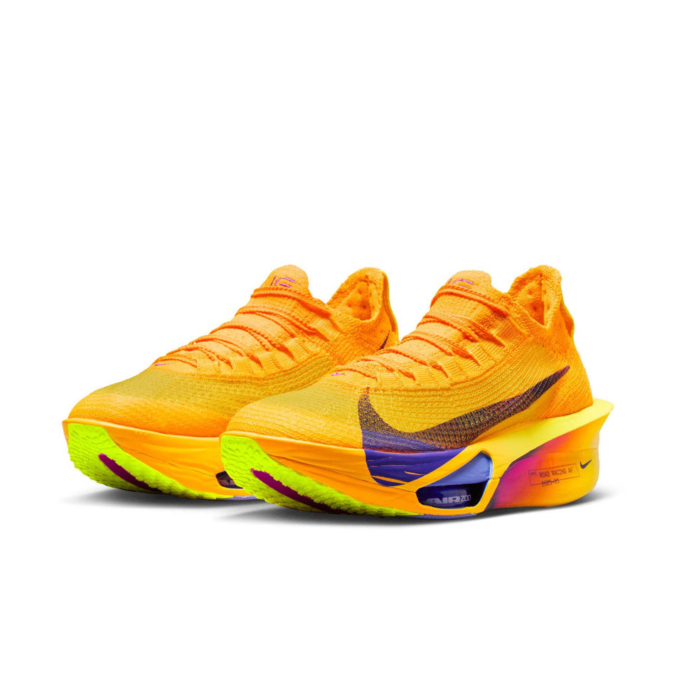A pair of Nike Women's Alphafly 3 Road Racing Shoes in the Laser Orange/Indigo Burst-Citron Pulse colourway.