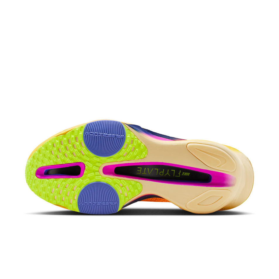 The outsole of the left shoe from a pair of Nike Women's Alphafly 3 Road Racing Shoes in the Laser Orange/Indigo Burst-Citron Pulse colourway.