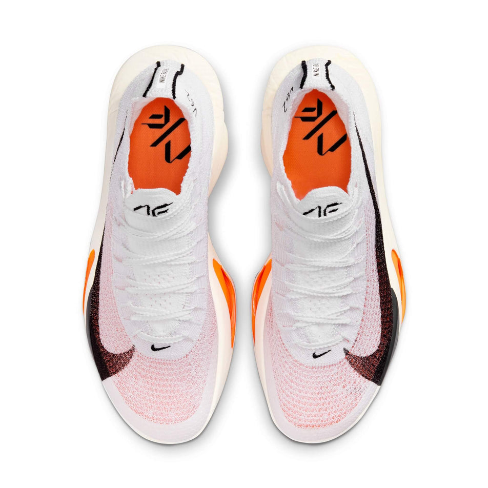 The uppers on a pair of Nike Women's Alphafly 3 Proto Road Racing Shoes in the White/Black-Phantom-Total Orange colourway (8146196562082)