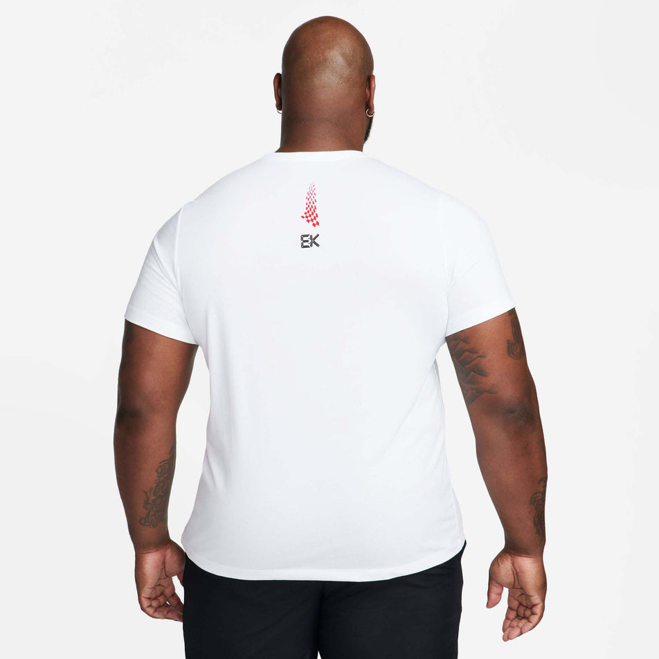 Back view of a model wearing a Nike Men's Eliud Kipchoge Dri-FIT Running T-Shirt in the White colourway (8029388964002)