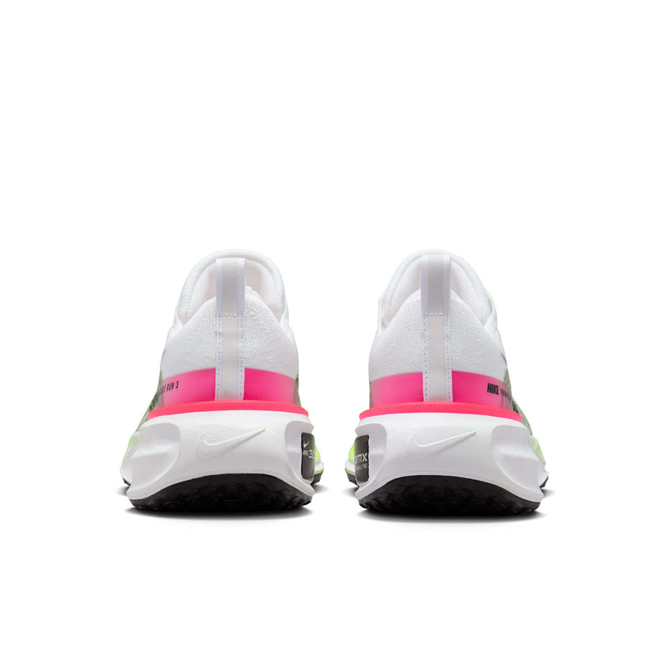 The back of a pair of Nike Men's Invincible 3 Road Running Shoes in the White/Black-Volt-Hyper Pink colourway (7970791424162)