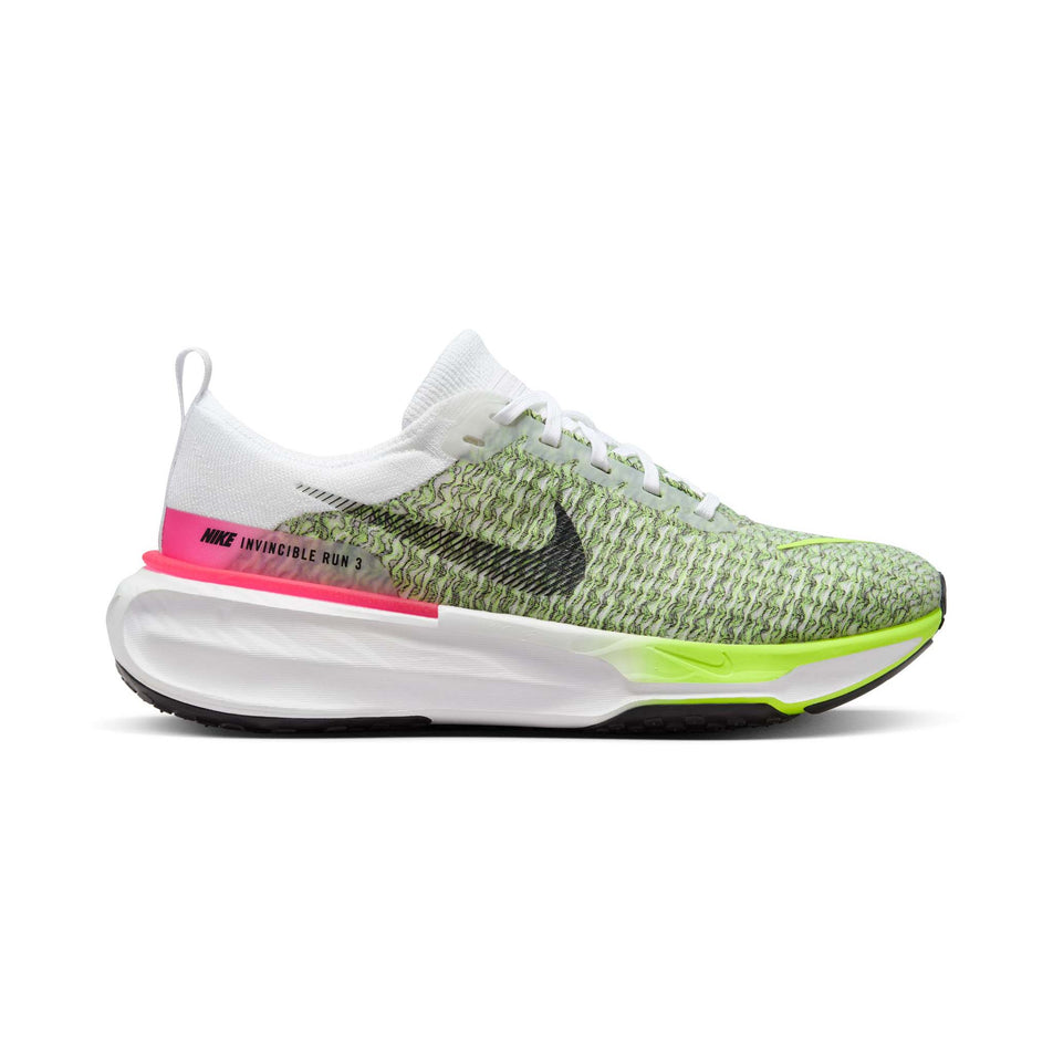 Lateral side of the right shoe from a pair of Nike Men's Invincible 3 Road Running Shoes in the White/Black-Volt-Hyper Pink colourway (7970791424162)