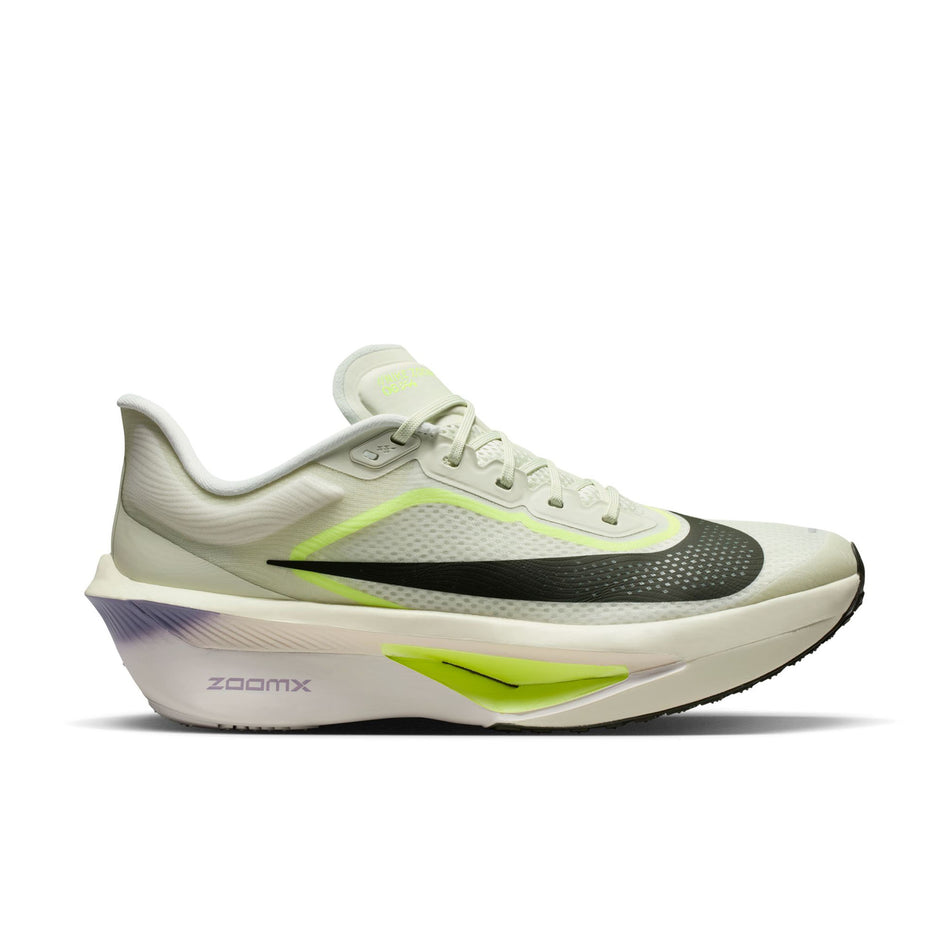 Lateral view of the right shoe from a pair of Nike Men's Zoom Fly 6 Running Shoes in the Sea Glass/Sequoia-Ultralime-Phantom colourway. 