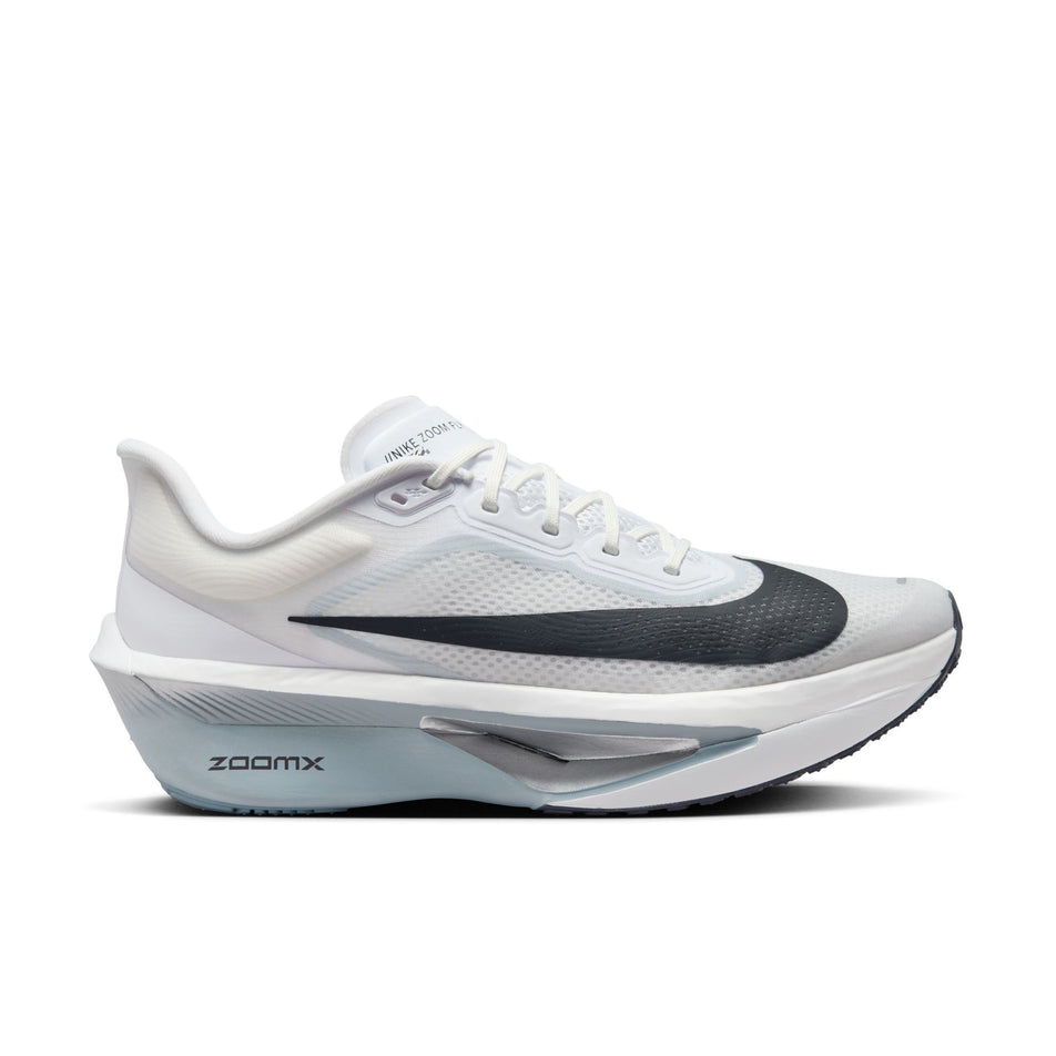Lateral view of the right shoe from a pair of Nike Men's Zoom Fly 6 Road Running Shoes in the White/Gridiron-Pure Platinum colourway. (8613903728802)