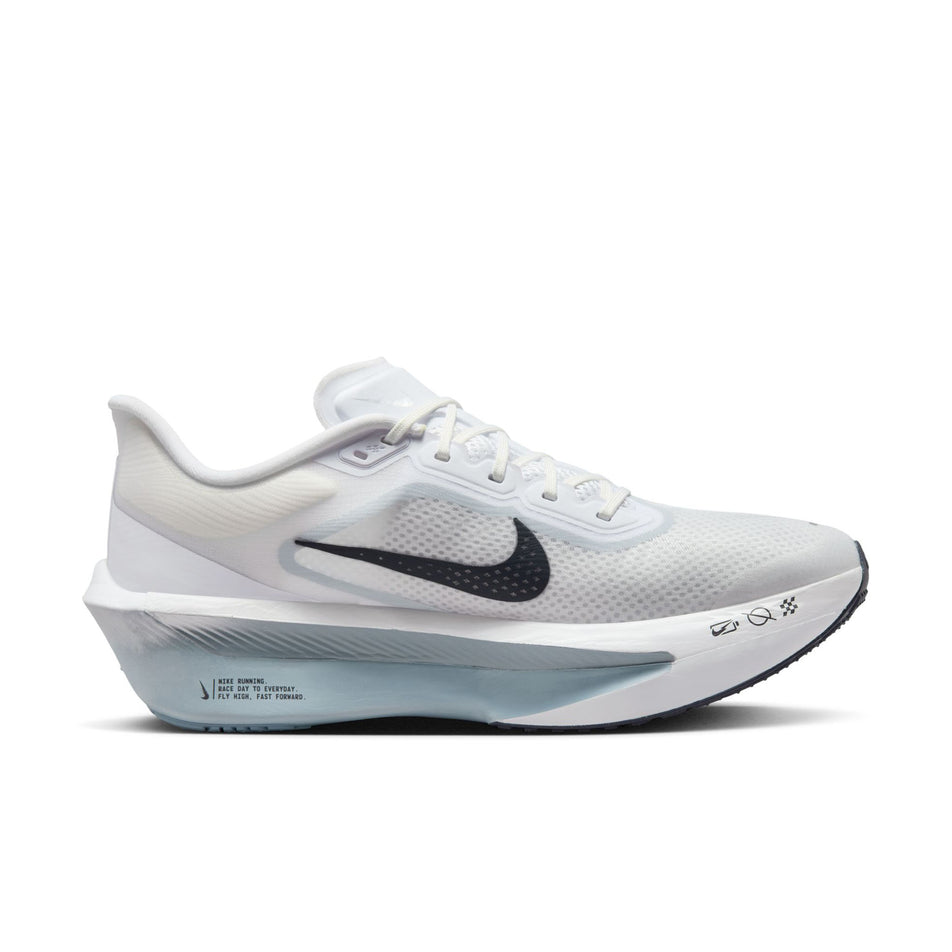 Medial view of the left shoe from a pair of Nike Men's Zoom Fly 6 Road Running Shoes in the White/Gridiron-Pure Platinum colourway. (8613903728802)