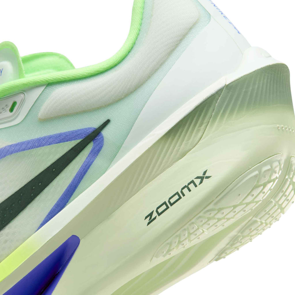 Close-up view of the rearfoot section of the left shoe from a pair of Nike Men's Zoom Fly 6 Road Running Shoes in the Barely Green/Black Spruce-Volt Ice colourway.