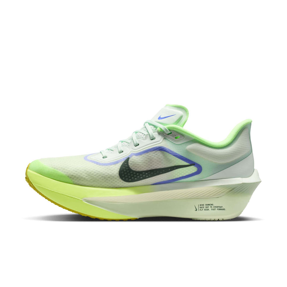 Medial view of the right shoe from a pair of Nike Men's Zoom Fly 6 Road Running Shoes in the Barely Green/Black Spruce-Volt Ice colourway.