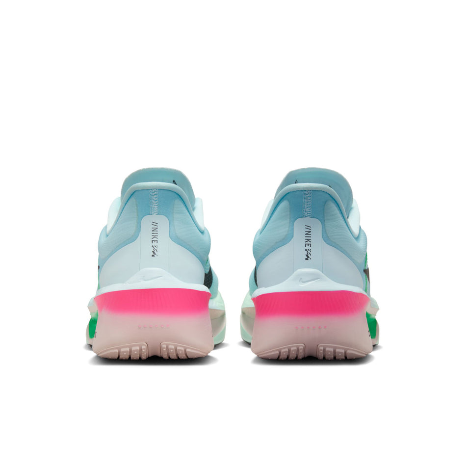 The back of a pair of Nike Men's Zoom Fly 6 Road Running Shoes in the Glacier Ice/Black-Hyper Pink-Green Shock colourway. (8683266441378)