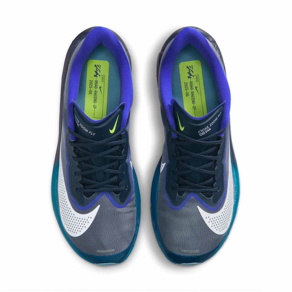 The uppers of a pair of Nike Men's Zoom Fly 6 Road Running Shoes in the Obsidian/White-Persian Violet-Volt colourway. (8753452351650)