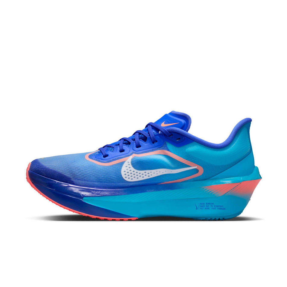 Medial view of the right shoe from a pair of Nike Men's Zoom Fly 6 Road Running Shoes in the Racer Blue/White-Blue Lightning colourway.