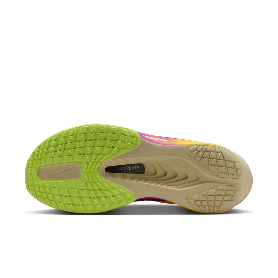 The outsole of the left shoe from a pair of Nike Men's Zoom Fly 6 Road Running Shoes in the Citron Pulse/Indigo Burst-Volt Ice colourway.