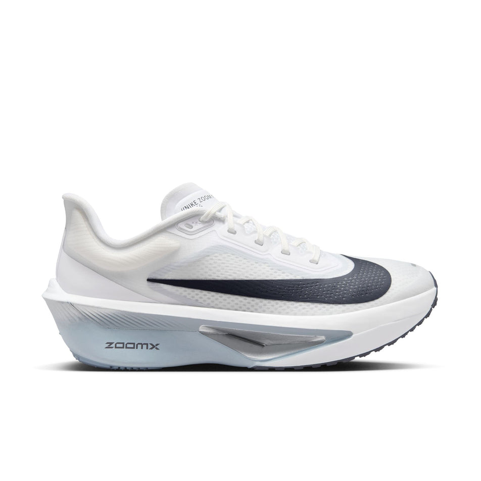 Lateral view of the right shoe from a pair of Nike Women's Zoom Fly 6 Road Running Shoes in the White/Gridiron-Pure Platinum colourway. (8614593659042)
