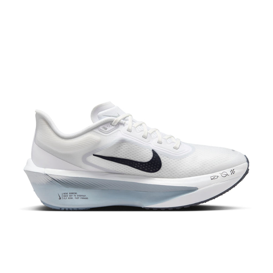 Medial view of the left shoe from a pair of Nike Women's Zoom Fly 6 Road Running Shoes in the White/Gridiron-Pure Platinum colourway. (8614593659042)
