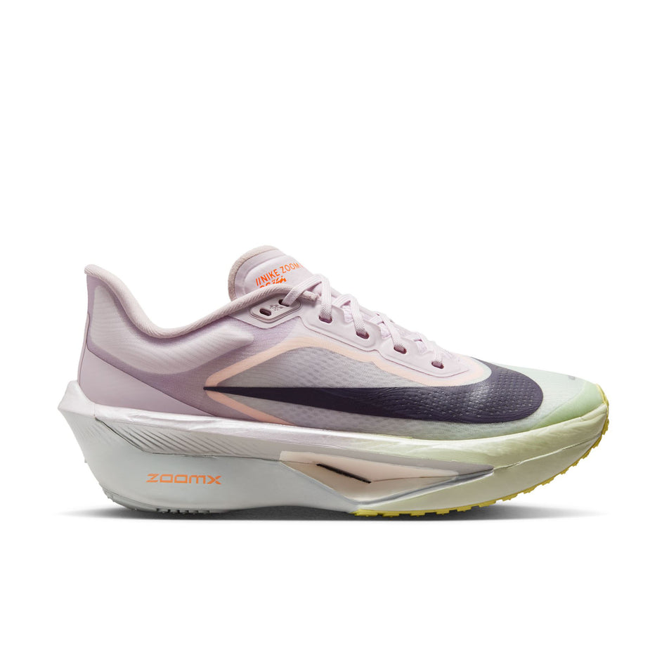 Lateral view of the right shoe from a pair of Nike Women's Zoom Fly 6 Road Running Shoes in the Bleached Lilac/Purple Dynasty-Volt Tint colourway.