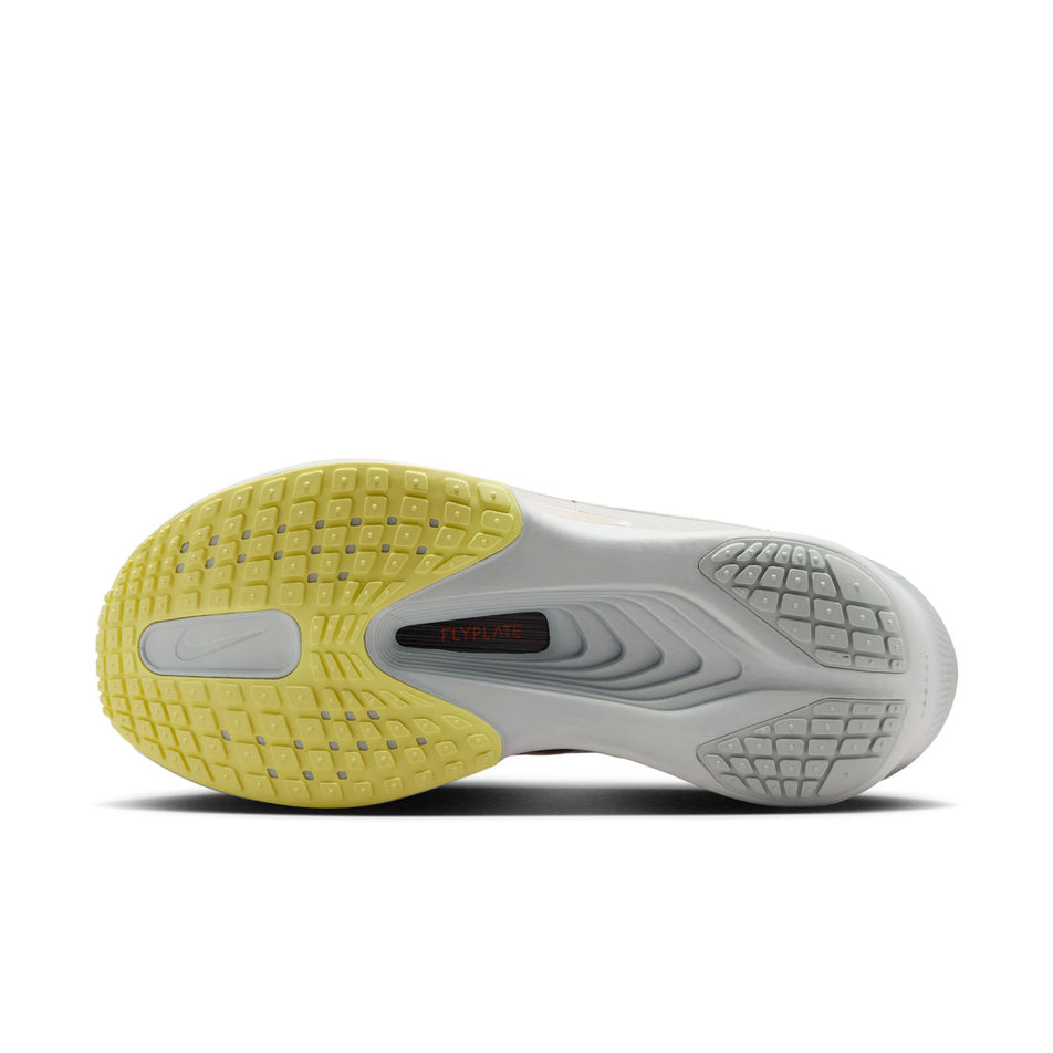 The outsole of the left shoe from a pair of Nike Women's Zoom Fly 6 Road Running Shoes in the Bleached Lilac/Purple Dynasty-Volt Tint colourway.