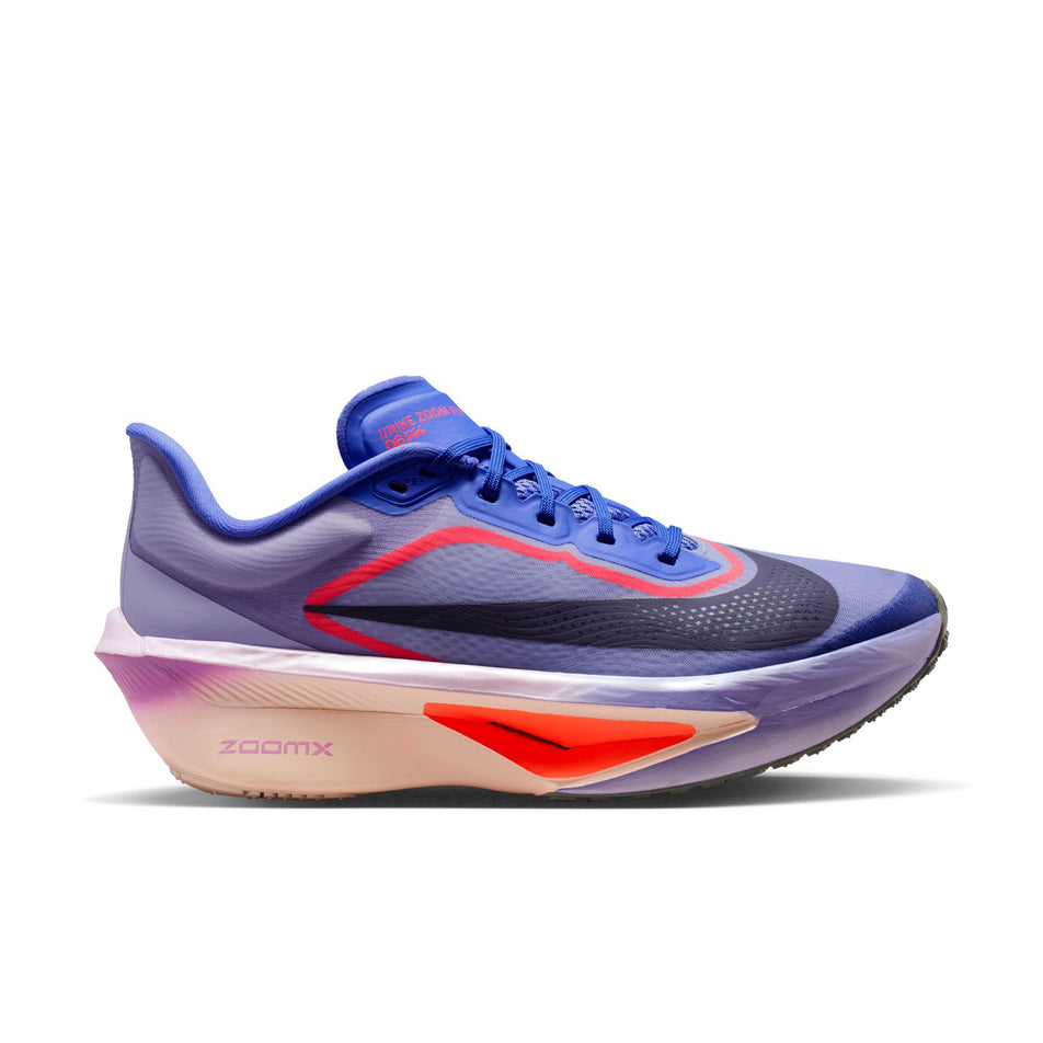 Lateral view of the right shoe from a pair of Nike Women's Zoom Fly 6 Road Running Shoes in the Violet Mist/Purple Dynasty-Hot Lava colourway.