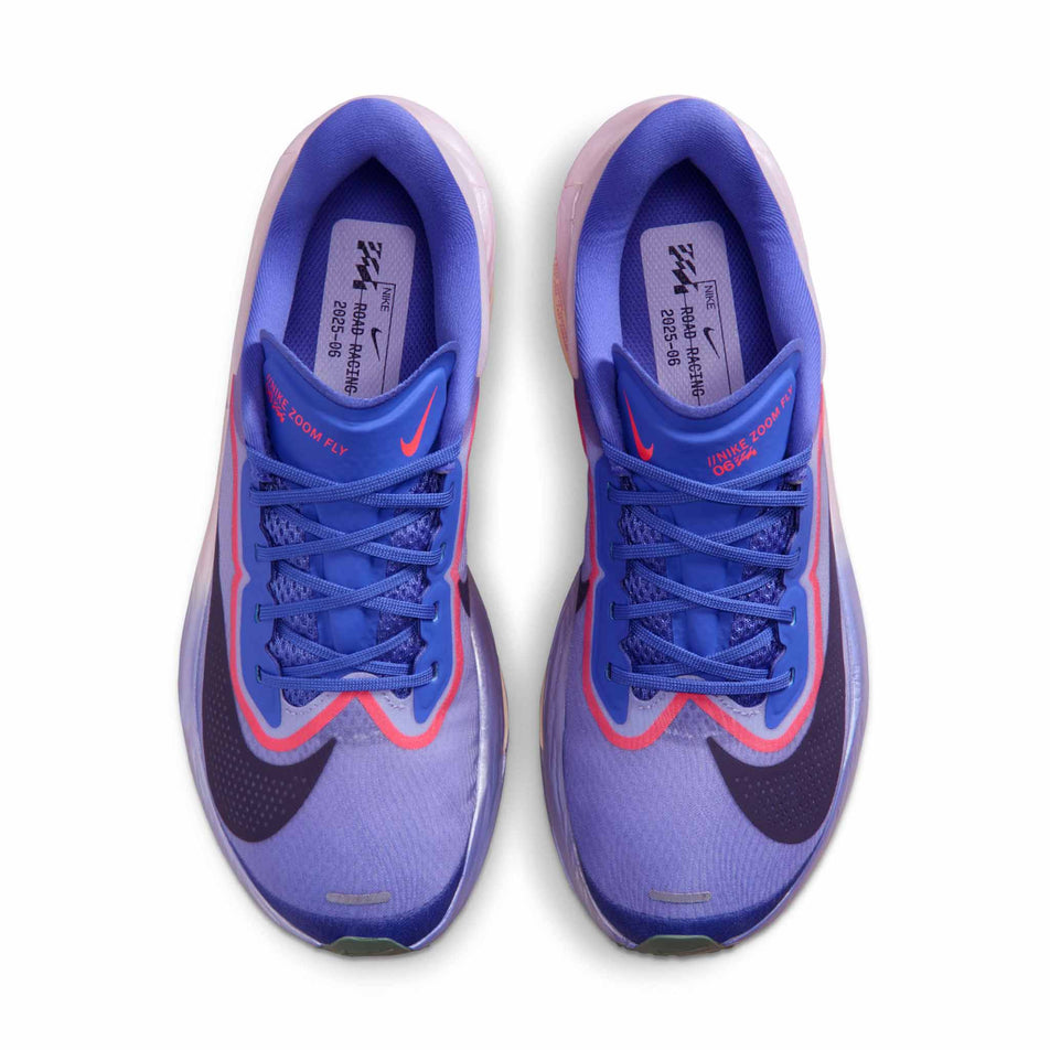 The uppers of a pair of Nike Women's Zoom Fly 6 Road Running Shoes in the Violet Mist/Purple Dynasty-Hot Lava colourway.