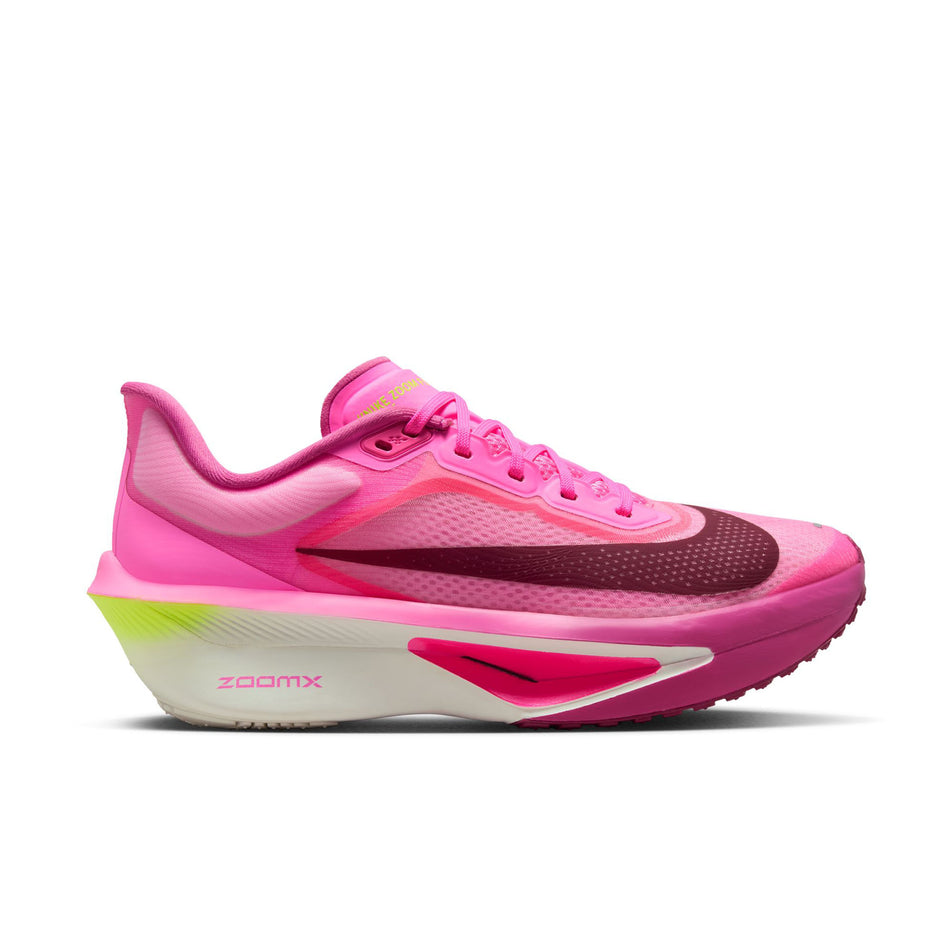 Lateral view of the right shoe from a pair of Nike Women's Zoom Fly 6 Road Running Shoes in the Pink Spell/Bordeaux-Crimson Tint colourway. (8756143620258)