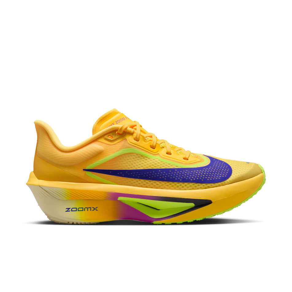 Lateral view of the right shoe from a pair of Nike Women's Zoom Fly 6 Road Running Shoes in the Citron Pulse/Indigo Burst-Volt Ice colourway.