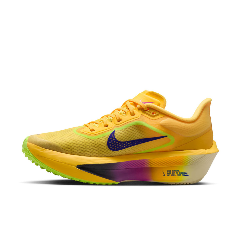 Medial view of the right shoe from a pair of Nike Women's Zoom Fly 6 Road Running Shoes in the Citron Pulse/Indigo Burst-Volt Ice colourway.