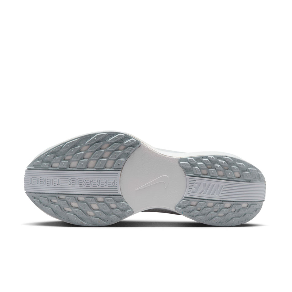 The outsole of the left shoe from a pair of Nike Women's Pegasus Plus Road Running Shoes in the White/Pure Platinum-Wolf Grey colourway. (8614634029218)