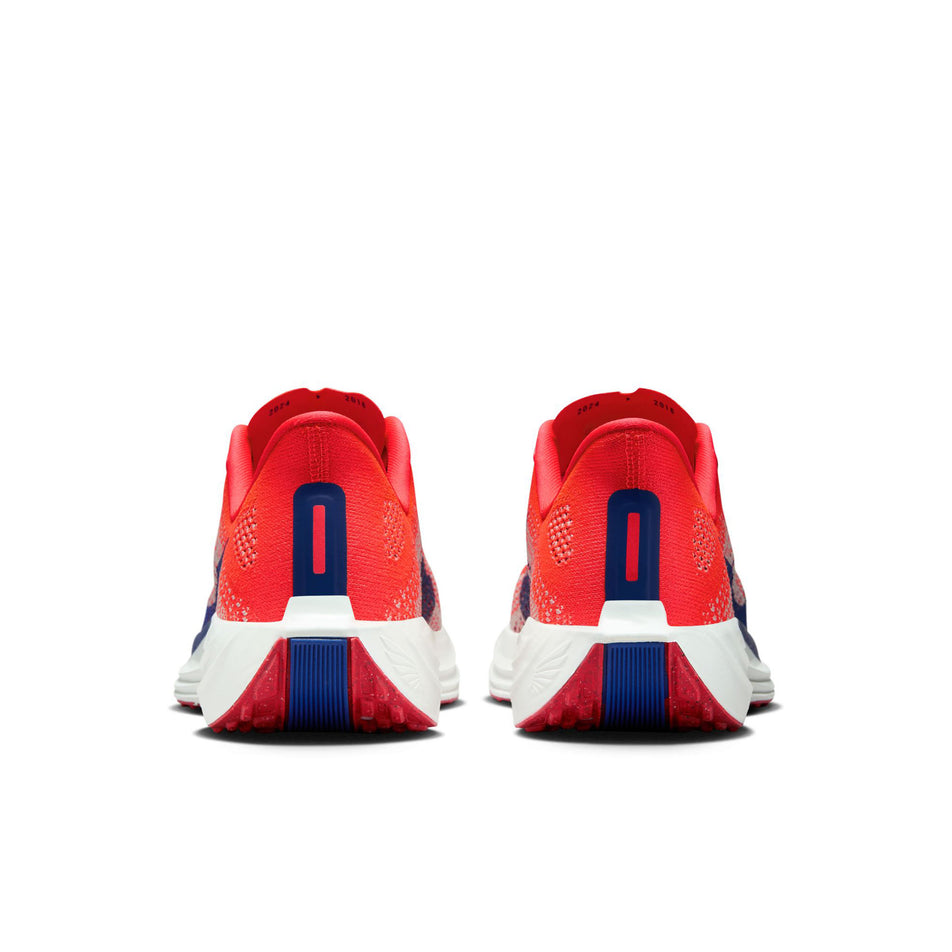 The back of a pair of Nike Women's Pegasus Plus Road Running Shoes in the Bright Crimson/Deep Royal Blue-Silt colourway. (8686778581154)